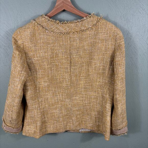 Talbots Women Size 10 Gold Fringe Tweed Pocket Cropped Metal Crest Button Blazer - Picture 2 of 10